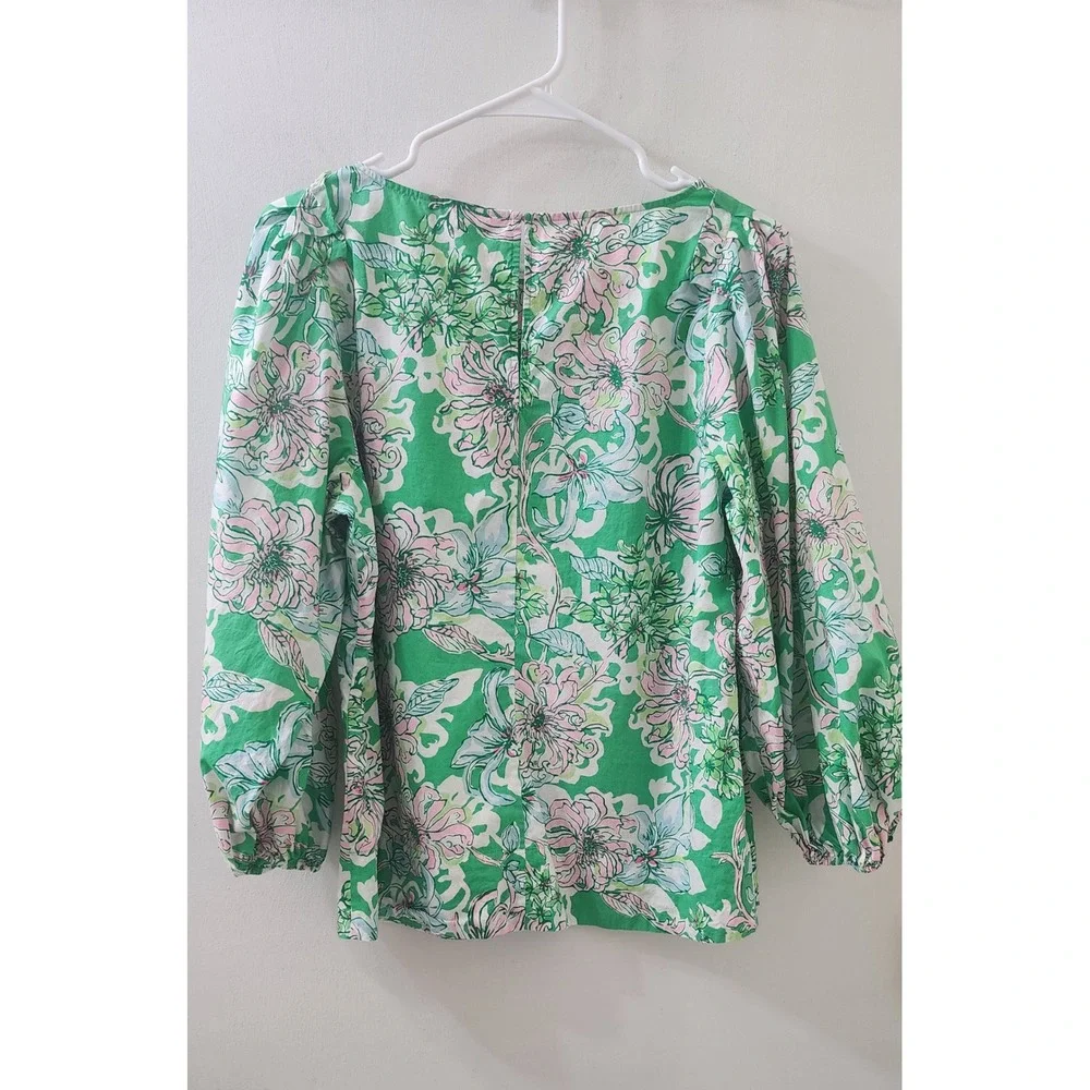 Lilly Pulitzer Green Pink Floral Cotton Puff Sleeve Blouse Top 013174 Size 12